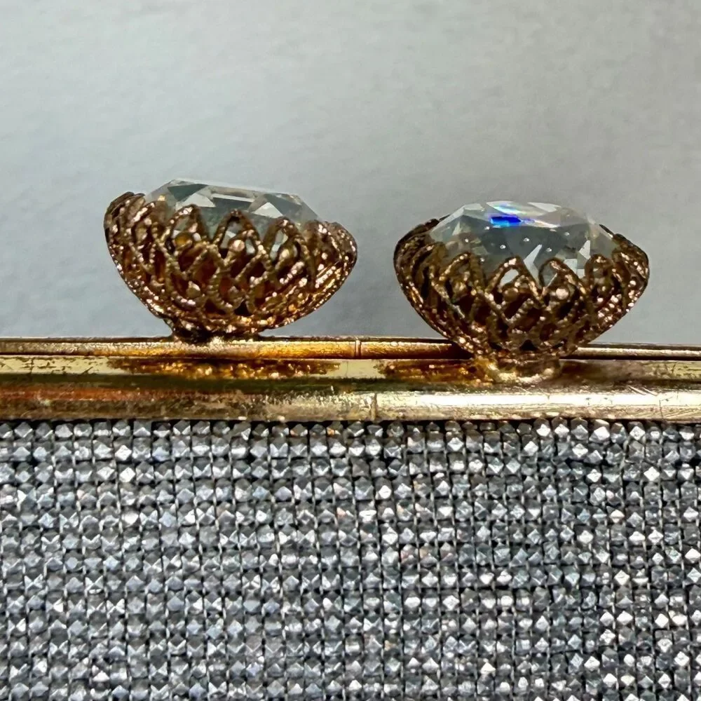 Vintage Made in France Silver Beaded Evening Bag Rhinestone Kiss Lock Purse